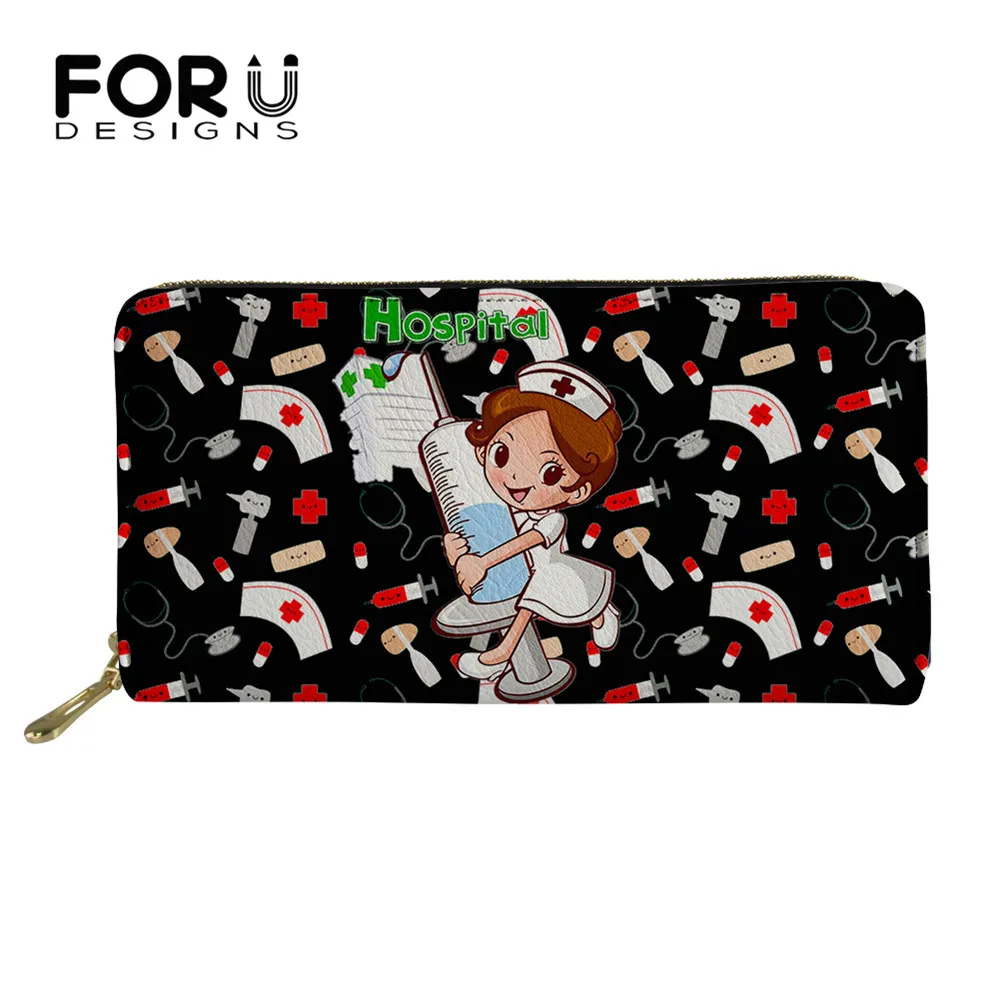 

FORUDESIGNS Black Wallet Women Cute Cartoon Nurse Girls Luxury Pu Clutch Purse Passport Cover Carteira Feminina Monedero Mujer