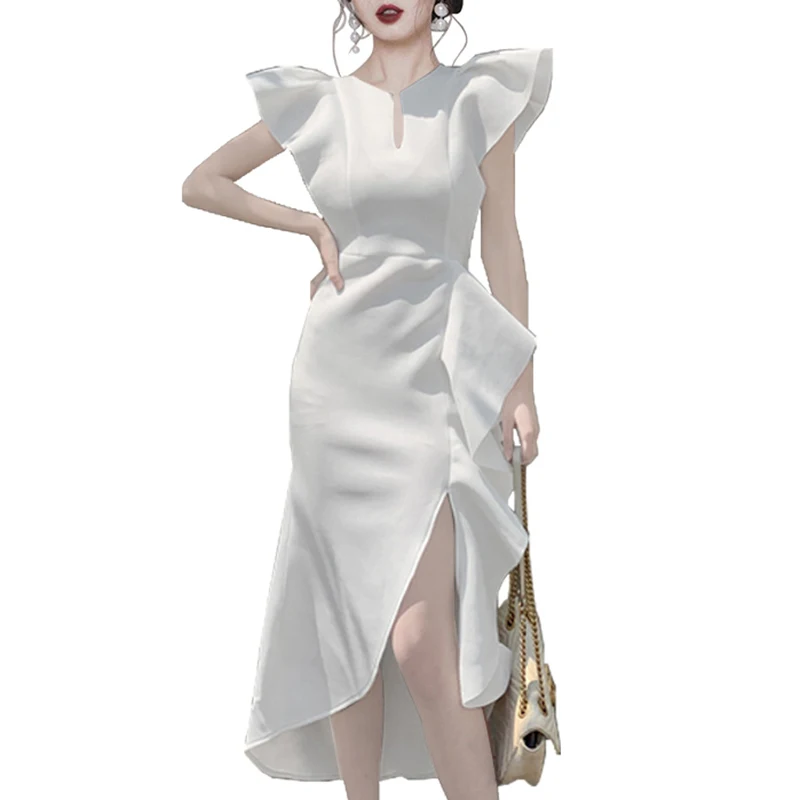 

XITAO White Ruffle Dress Irregular Fashion New Pullover Split 2021 Summer Sheath Minority Casual Style Loose Dress WMD0111