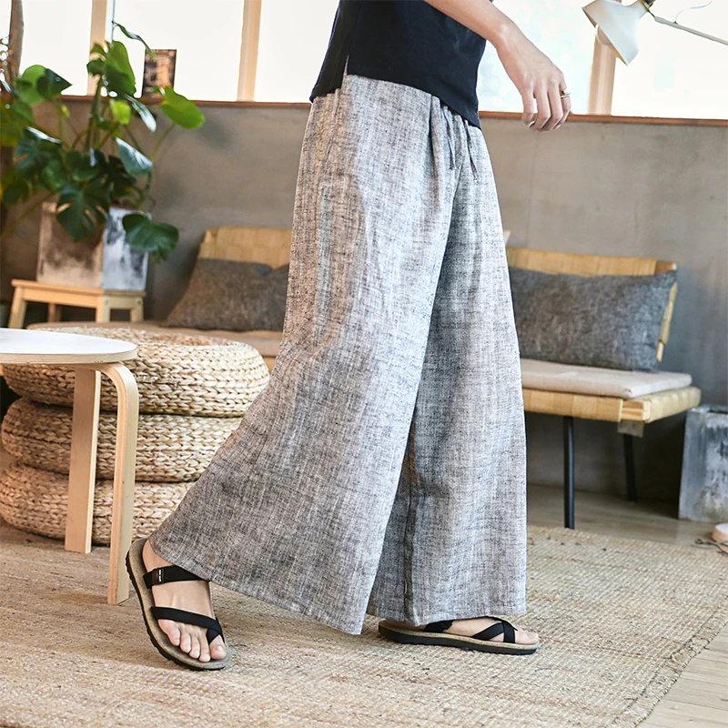 

Man Cotton Linen Wide Leg Pant Men Casual Stripe Straight Trousers 2020 Male Traditional Chinese Style Pants Trousers 2020 New