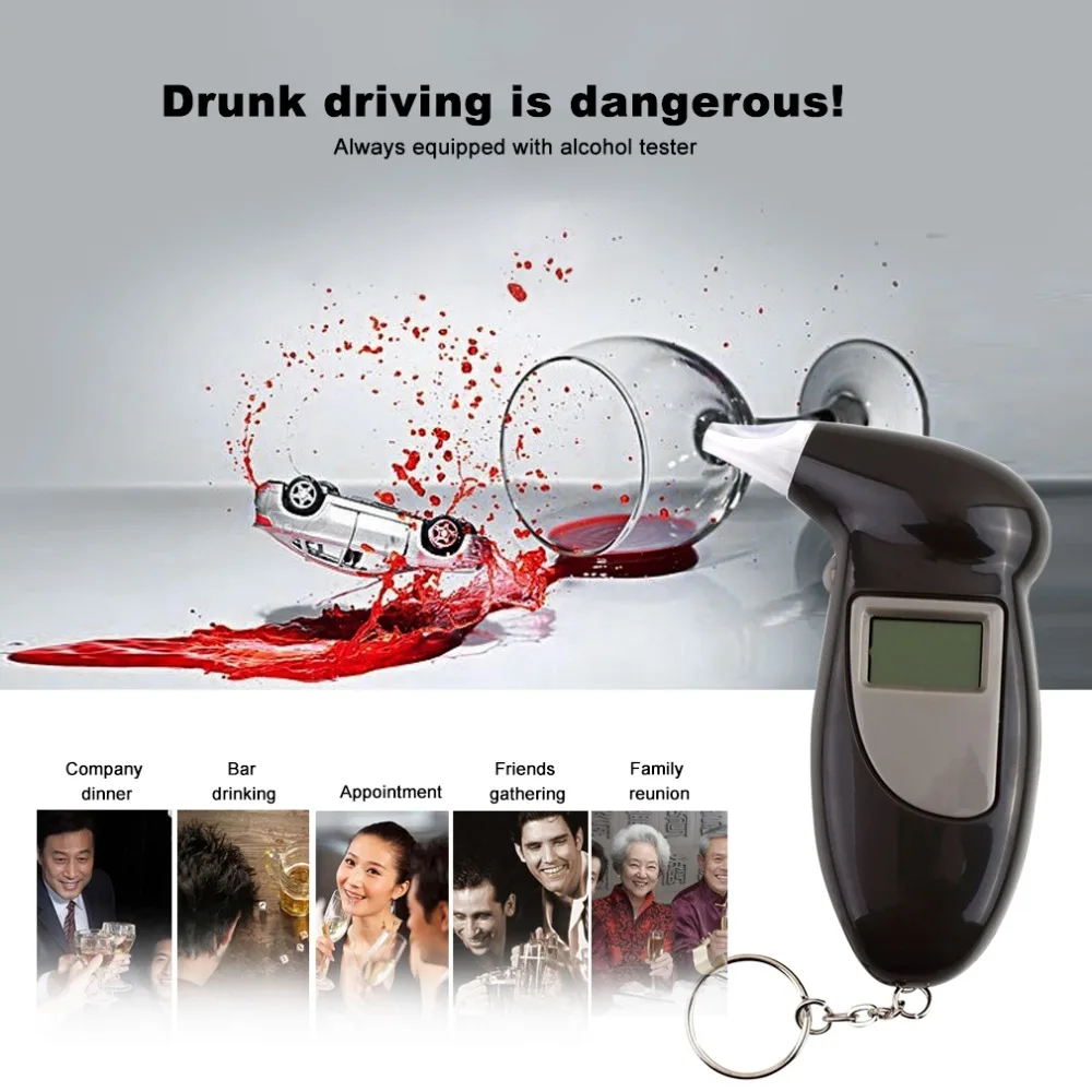 Free Shipping 11 mouthpiece Key Chain Alcohol Tester Digital Breathalyzer Alcohol Breath Analyze Tester (0.19% BAC Max)