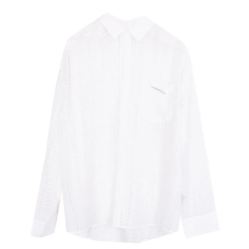 

XITAO Thin Hollow Out Blouse Fashion New Women Lace Minority Full Sleeve Pocket Goddess Fan Casual Loose 2021 Summer LDD1554
