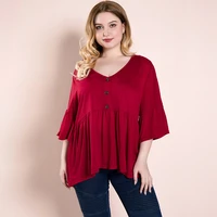 folds pleated half sleeve loose long shirt solid red modestylarge size tunic womens clothing summer 2021 vintage cottagecore