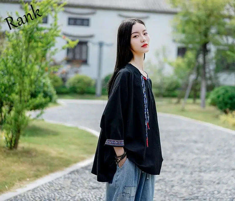 

Rank 21 Spring/summer New Products Cotton Linen Women's Retro Loose Large Size Patch Manual Button Shirt Women's Top T-Shirt
