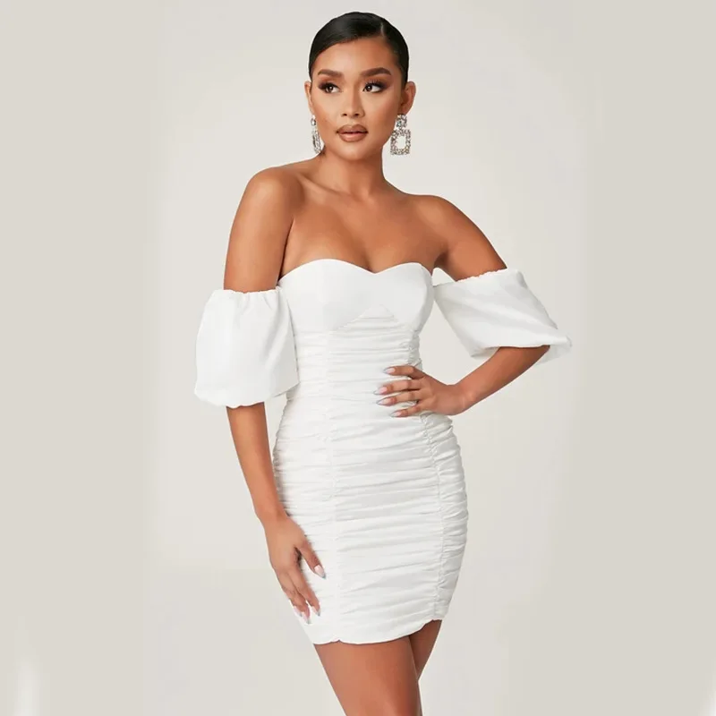 2020 new hot summer one line chest wrap skirt slim fit Hip Wrap Skirt sexy open back pure white breathable pleated women's dress | Женская