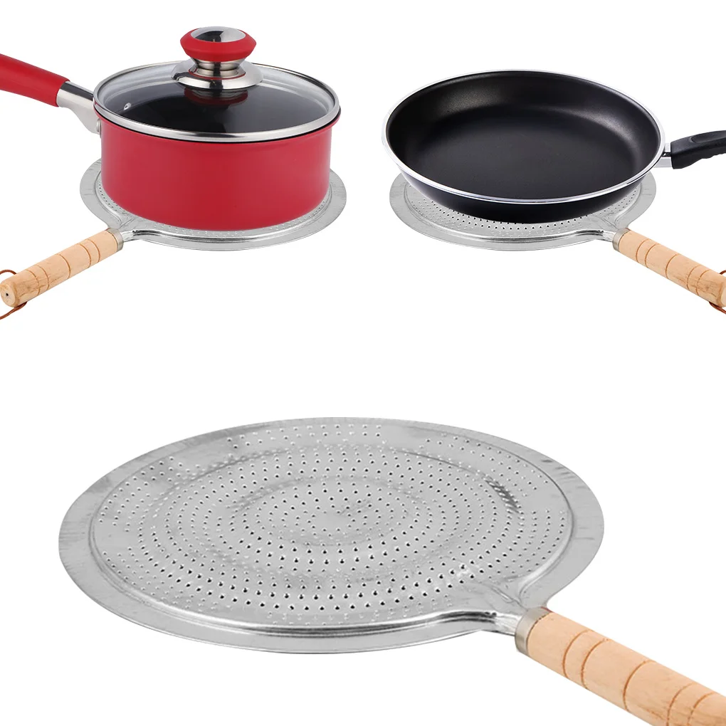 

Round Heat Diffuser with Wooden Handle Coffee Milk Cookware Metal Simmer Ring Kitchen Tool
