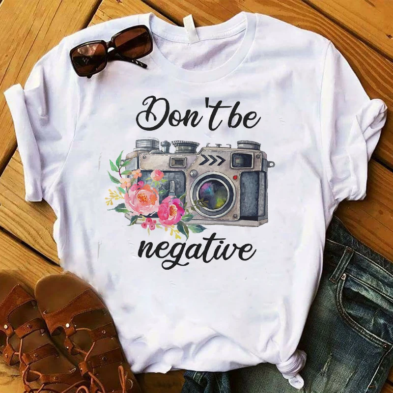 Женские футболки с принтом камеры Don't Be Negative летняя футболка коротким рукавом