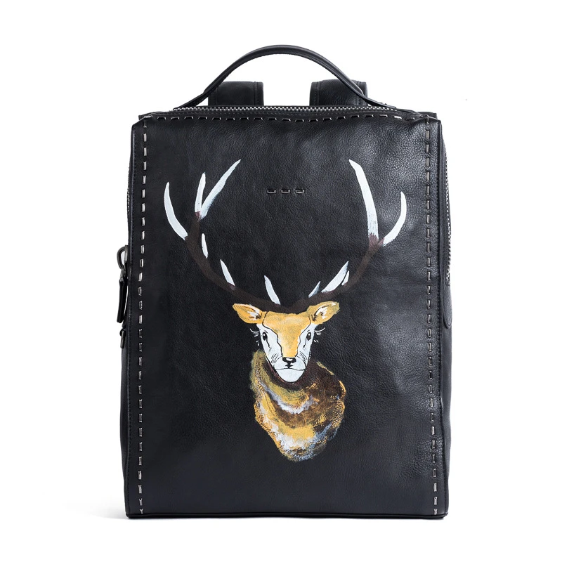 

Men Vintage Deer pattern Genuine Leather Backpack Cow Split Female Shoulder Bag Ladies Back Pack Travel Bags For Teenage male