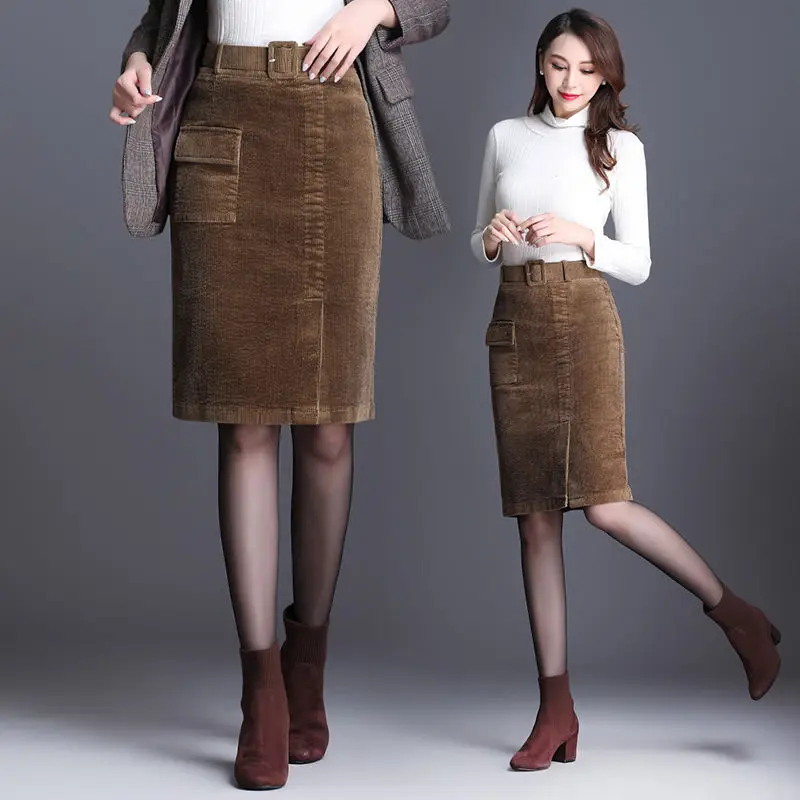 

2021 Autumn Winter Women Skirts Brown Black Corduroy Skirt Elegant Belt Split Middle Long A Line Skirt Plus Size 4XL Y423