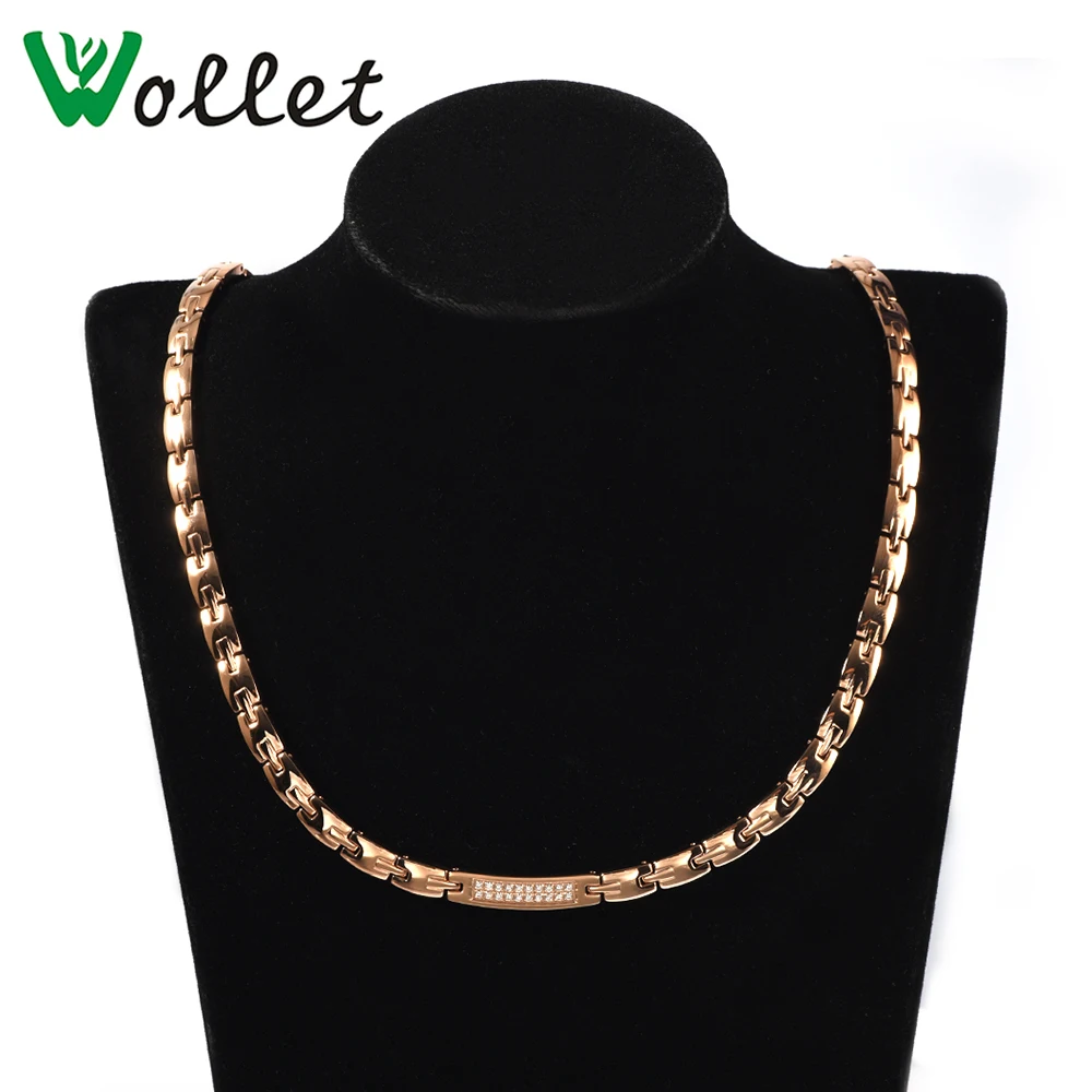 

Wollet Jewelry Rose Gold 316L Stainless Steel Necklace for Women CZ Stone Hematite Germanium Prong Setting 55cm 0.65cm