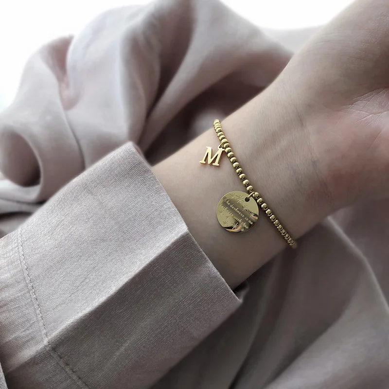 

Timeless Wonder Titanium M Coin Charm Beaded Bracelet Women Stainless Steel Jewelry Initial Gothic Kpop Ins Gift Lovely Top 1691