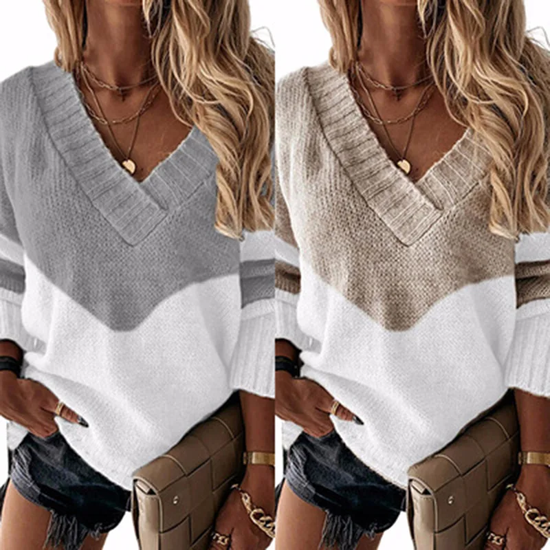 

Women Elegant Patchwork Print Knit Sweater 2021 Autumn Sexy V-Neck Long Sleeve Pullover Tops Ladies Winter Casual Loose Jumper
