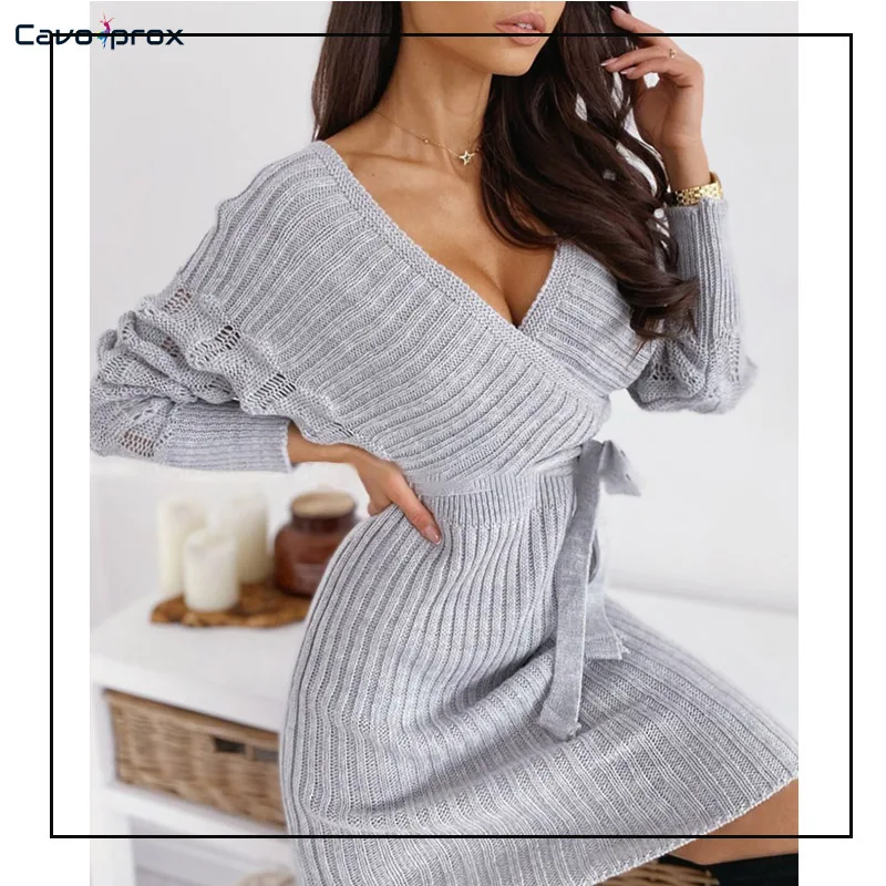 V-Neck Surplice Wrap Ribbed Batwing Sleeve Sweater Bodycon Dress Women Chic Solid Pullover Slim Fit Spring Fall Jumper |