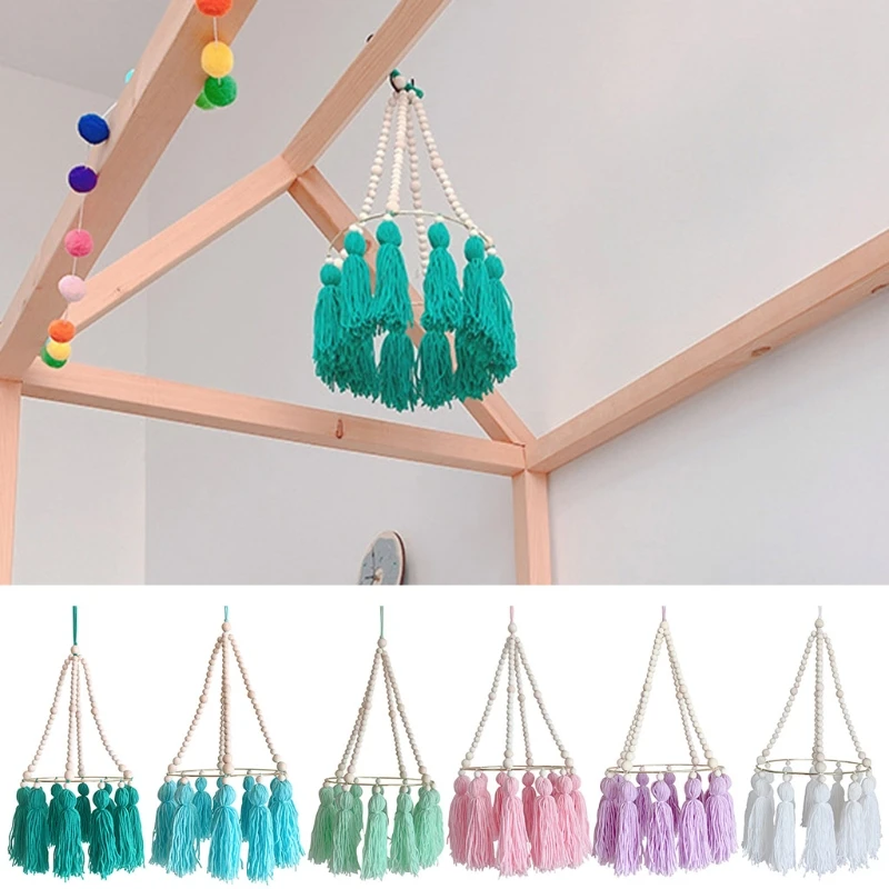 

Baby Crib Wooden Beads Tassel Wind Chimes Bed Bell Mobile Rattle Kids Room Hanging Decoration Photography Props DXAD