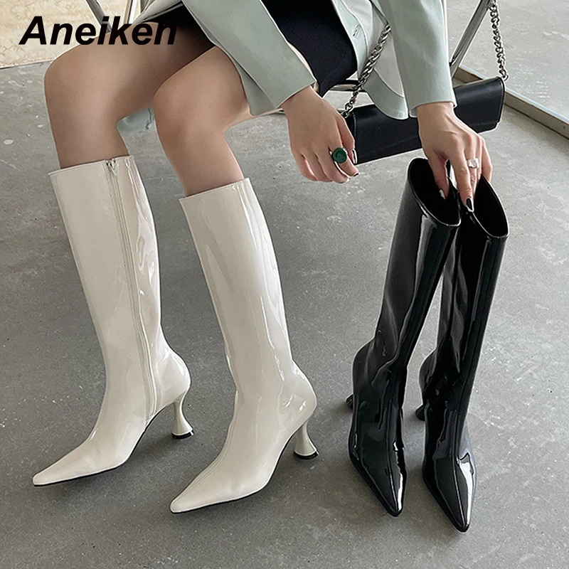 

Aneikeh 2021 Women Shoes Chelsea Boots Patent Leather British Style Zip Fashion Mid-Calf Sewing Pointed Toe Thin Heel Size 35-40