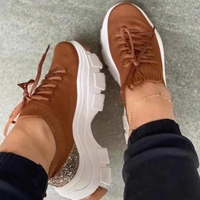 

2021 Summer new round toe low-cut ladies plus size mid-heel lace-up sneakers casual shoes