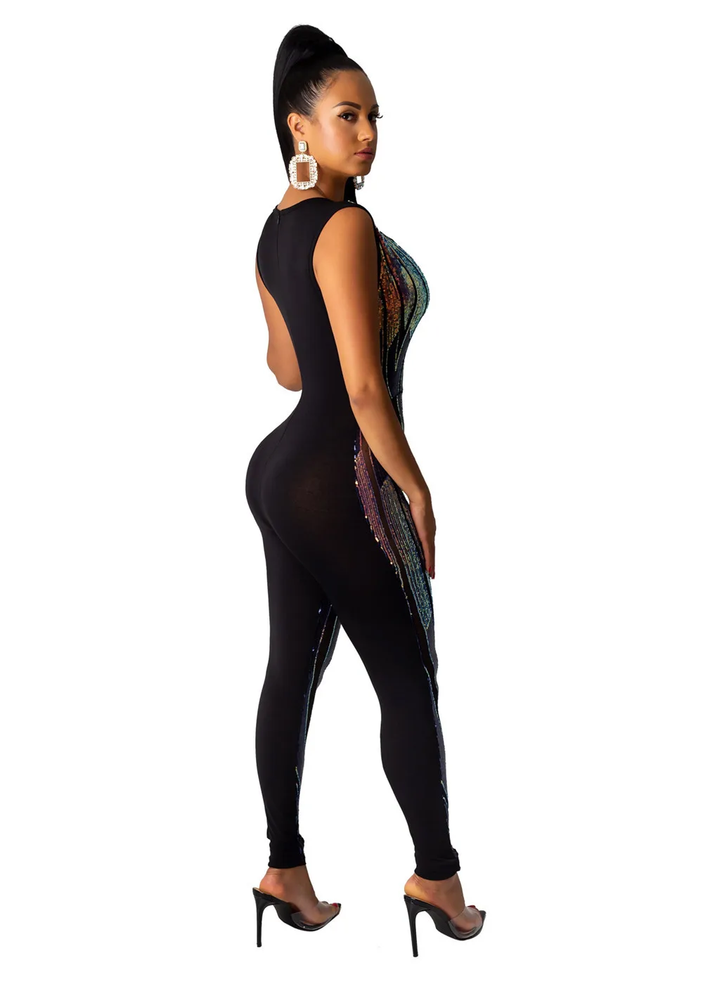 Сексуальный Блестящий Комбинезон Женский сетчатый прозрачный геометрический