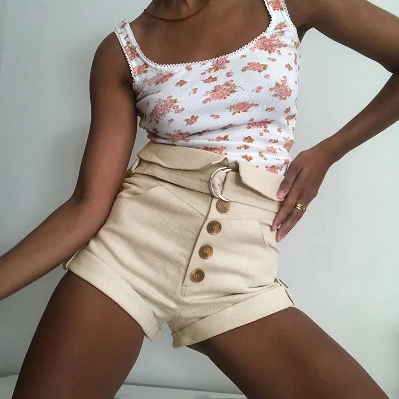 

Casual High Waist Single Breasted Shorts With Belt For Women Streetwear Solid Color Short Pants