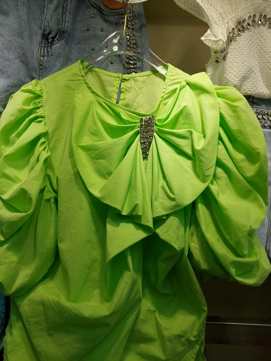 

2021 Summer New Korean-Style 3D Bow French Puff Sleeve Ladies Blouses Women's Fashion Round Neck Shirt Retro Solid Green Tops