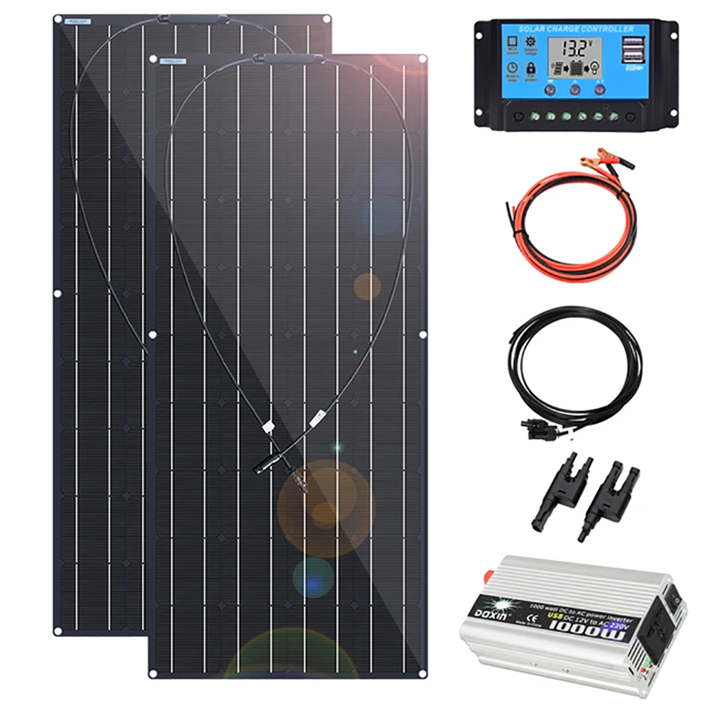 

solar panel kit complete 240w 200w flexible solar battery charger 12v for RV car boat home camper controller 20A inverter 1000w