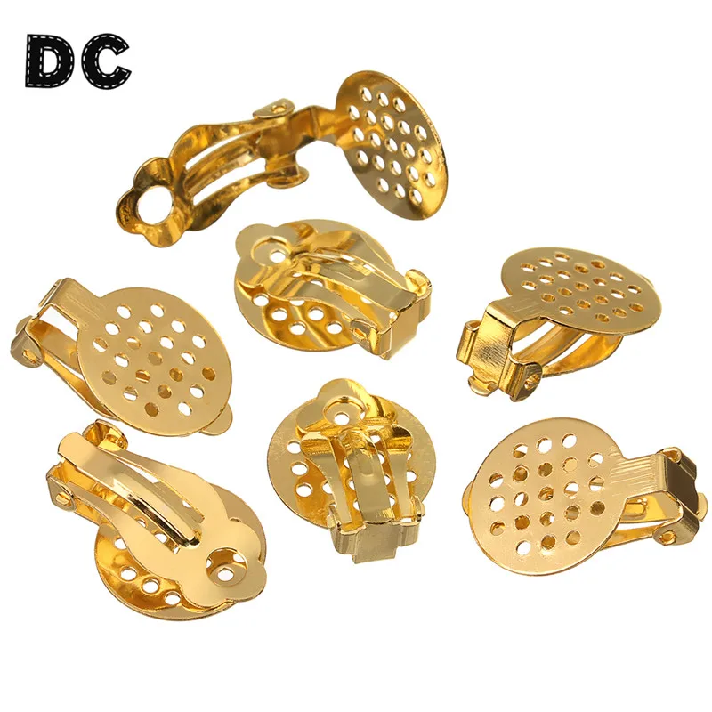 

DC 100pcs New Rhodium Gold Color Flat Blank Tray Bases Bezel French Earring Clip Hook for 15mm Cameo Cabochon Settings Findings