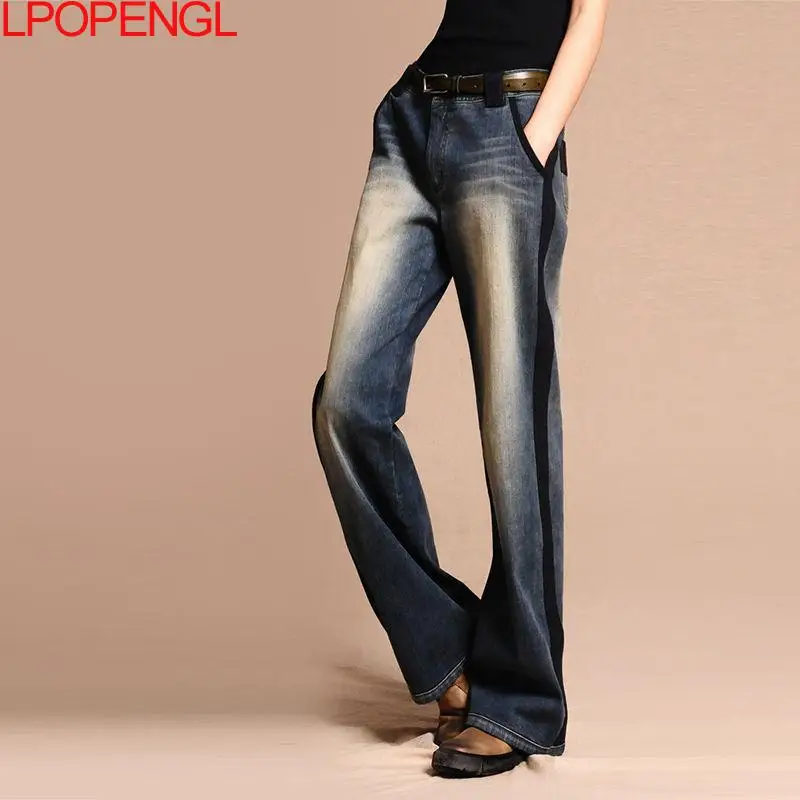 Autumn Retro Vintage High Waist Jeans Women 2021 New Casual Fashion Loose Stitching Trousers Wide Leg Large Mom Jean Female Pant