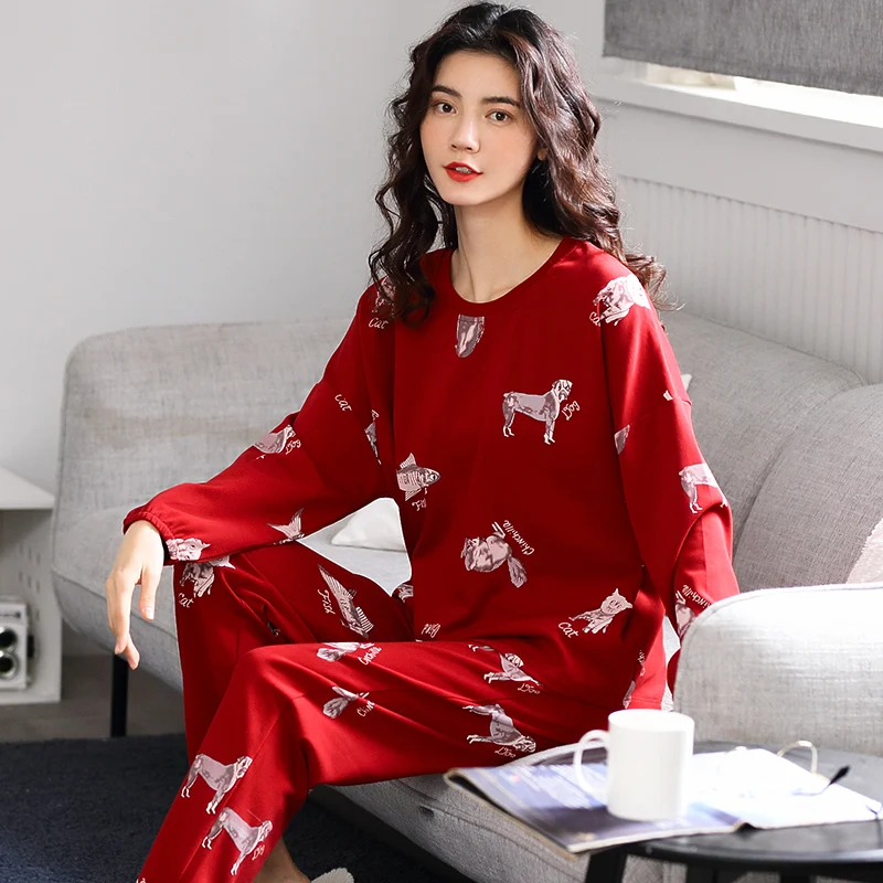 Красная Хлопковая пижама с длинным рукавом и принтом комплект для женщин женская