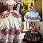 2021 Винтажные белые черные платья Quinceanera Charro Mexcian Girls Цветочная юбка с открытыми плечами Sweet 16 на день рождения