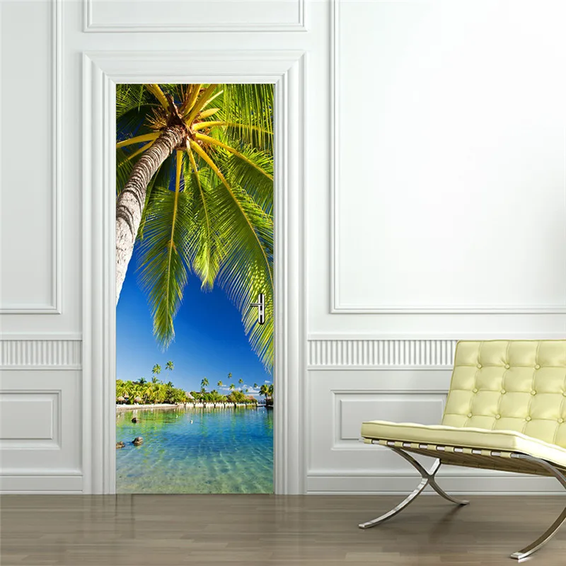 

3D Waterproof Door Stickers Living Room Door Creative Self-adhesive Decoration Lakeside Palm Tree Door Refurbished Wall Sticker