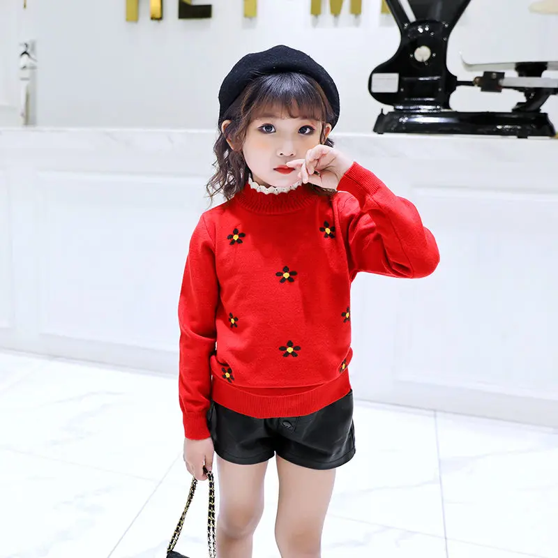 Осень-зима 2019 свитера с кружевным воротником для девочек детская одежда милый