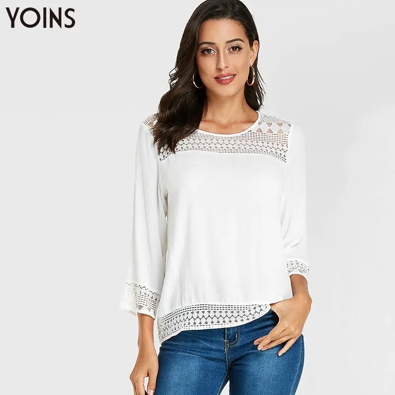 YOINS 2020 осенне зимние женские топы и блузки кружевная блузка с круглым вырезом
