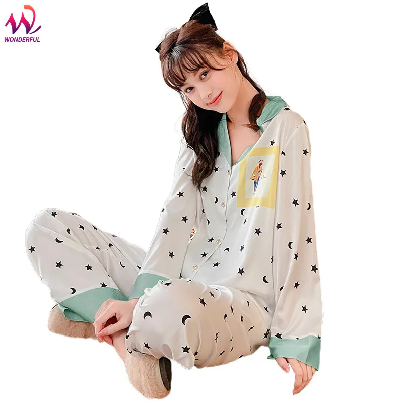 

2021 Leisure Cotton Sleepwear Pyjamas Women Clothing Long Sleeve Tops Set Ladies Pijama Sets Night Suit Home Wear Big Size