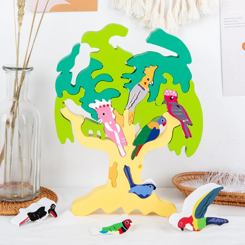 

Wooden Stacking Toys 3D Kids DIY Bird Tree Puzzle Montessori Early Educational