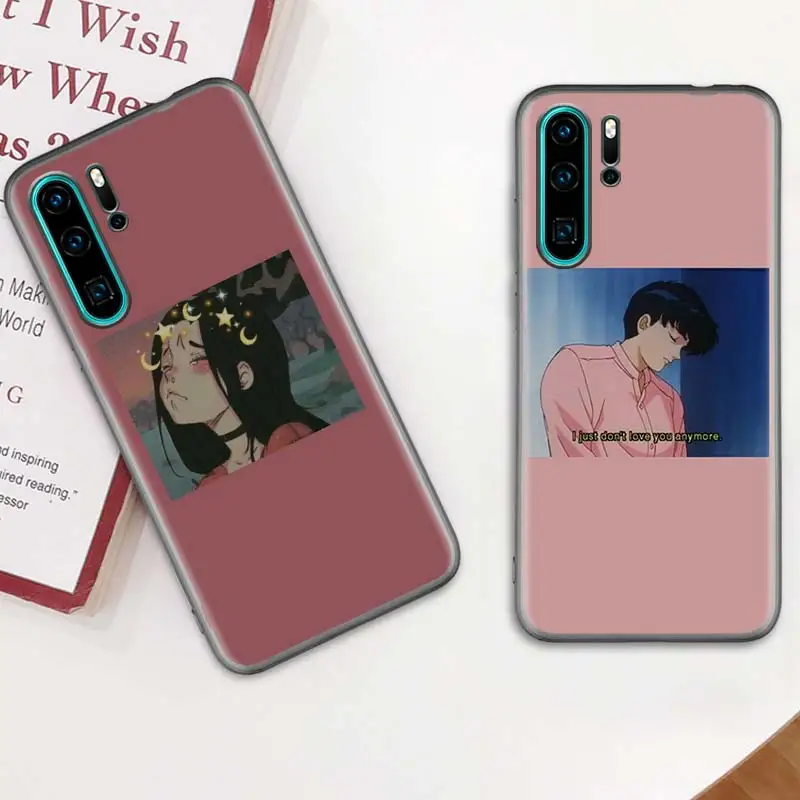 

Sad Anime Vaporwave Aesthetic Case for Huawei P20 P40 Lite E P30 Pro P10 P9 P Smart Z Plus 2019 Black Phone Silicone Covers