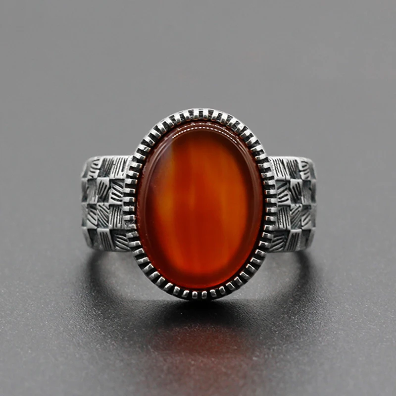 

New 925 Sterling Silver Men Ring with Big Red Natural Onyx Stone Vintage Thai Silver Ring for Man Women Turkish Jewelry
