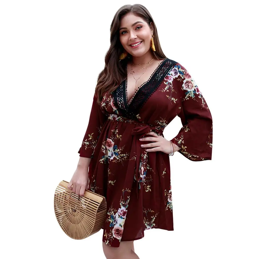 

Nine-point Sleeve Lace Dress Ladies Party A-line Dress 2020 Summer Plus Size Women's Dress Sexy Deep V-neck Bohemian Printed