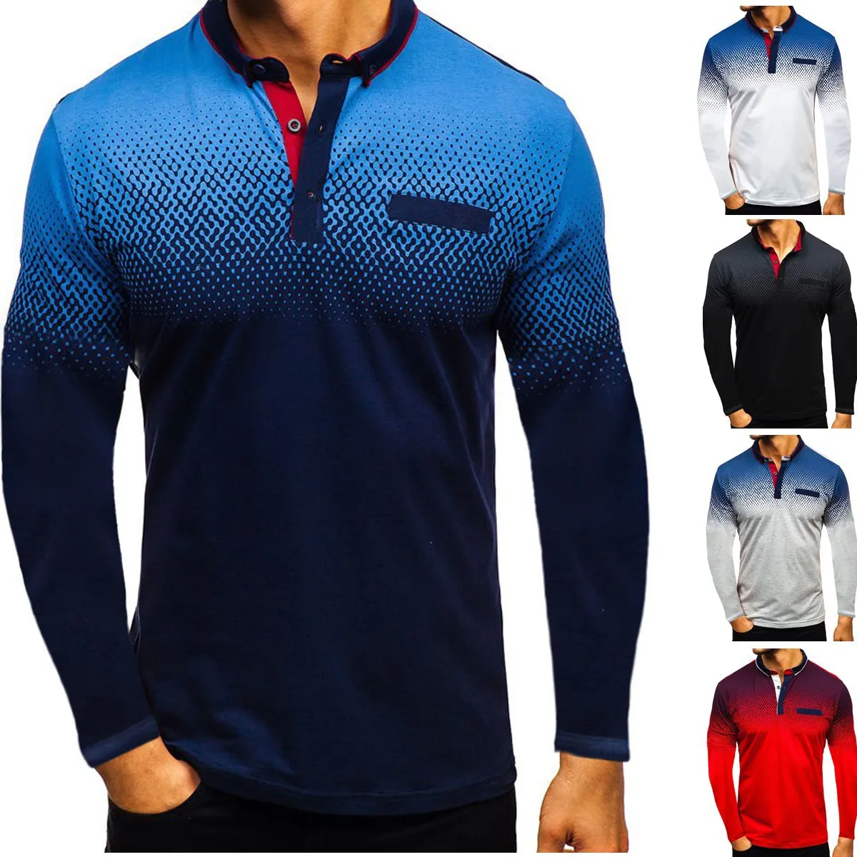 Поло para hombre Nuevo verano manga larga cuello vuelto тонкие повседневные топы транспарантные estampado 3D manga larga Polo