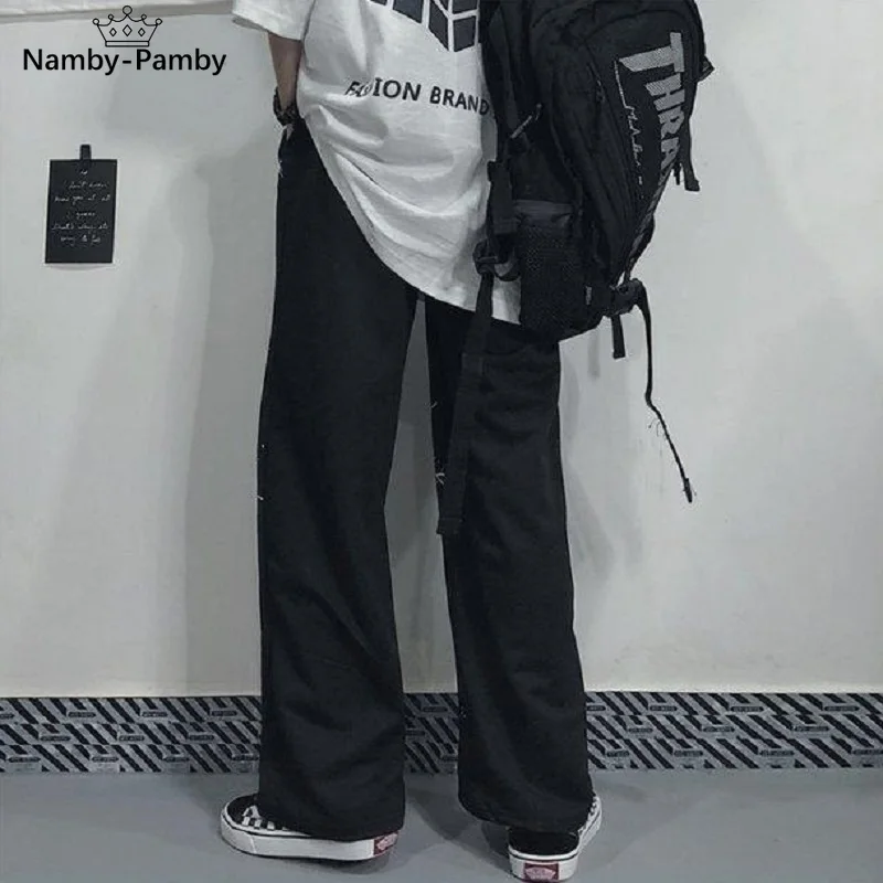 

Qweek Japanese Dark Print Wide Leg Straight Pants High Waist Pants Women Oversized Trousers Harajuku Loose Pants