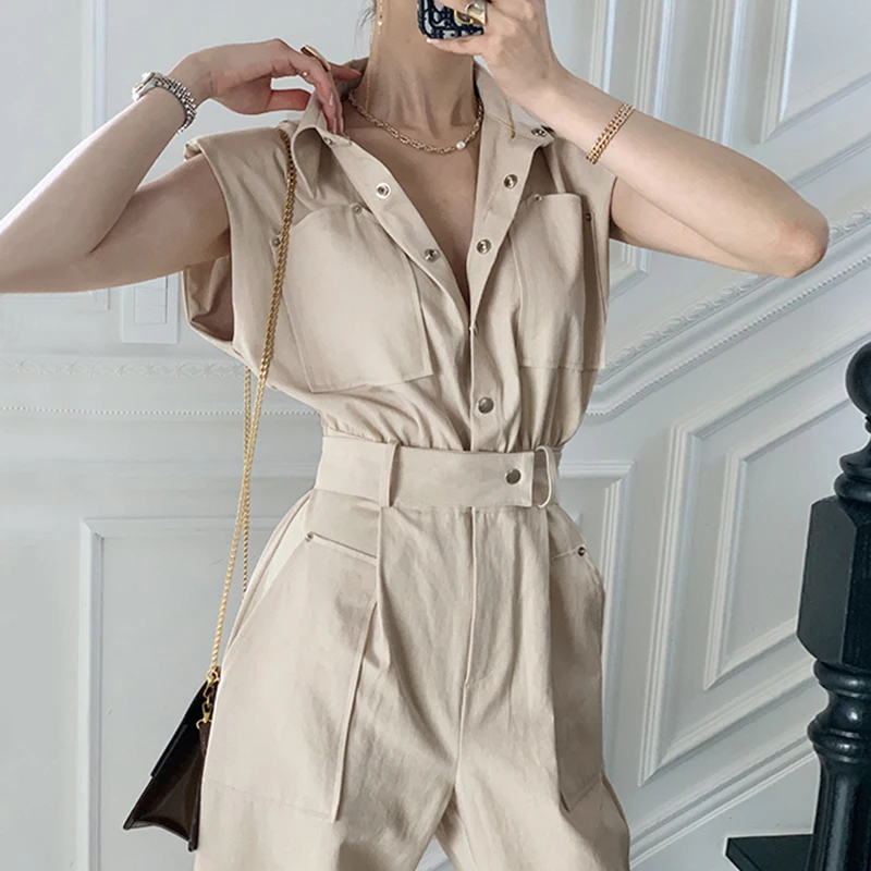 

Korejpaa Women Jumpsuits 2021 Summer French Lapel Multi-Pocket Design Single-Breasted High-Waist Straight-Leg Tooling Jumpsuit
