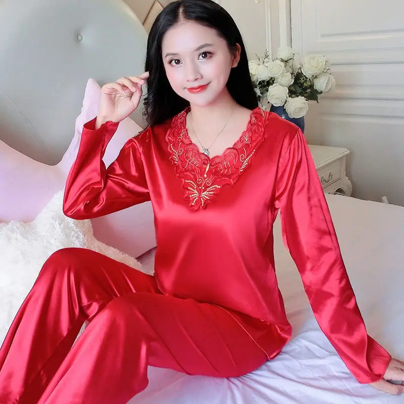 

Pajamas Women Spring and Autumn Long-sleeved Trousers Thin Silk Pajamas Summer Simulation Silk Sexy Plus Size Home Service