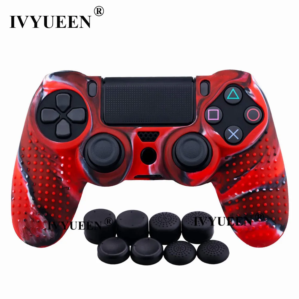 IVYUEEN 9 в 1 для Dualshock 4 PS4 Slim Pro контроллер Шипованная Кожа Премиум Защитный Противоскользящий Мягкий силиконовый чехол-накладка - Цвет: Red Camo