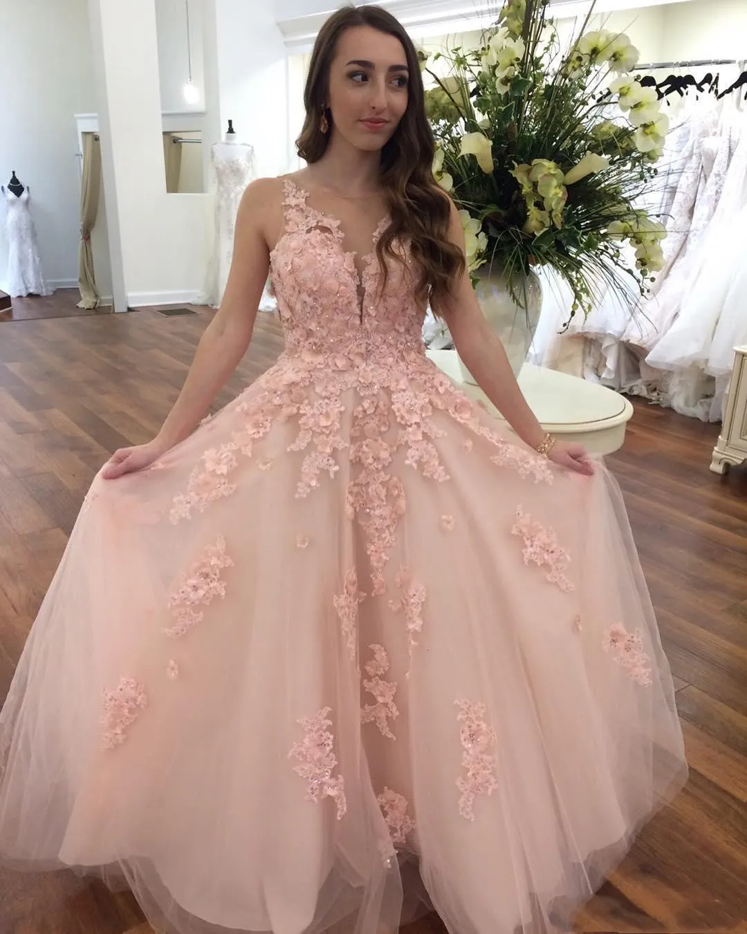 

Sweet Blush Pink Lace Prom Dresses A Line V Neck Bridesmaid Summer Beach Boho Reception Evening Party Gowns vestidos de fiesta