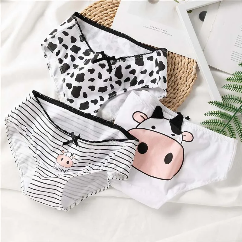 

Kawaii Cartoon Cows Pattern Cotton Panties Underwear Sweet Women Striped Low Waist Brifes Lingerie Breathable Cotton Underpants