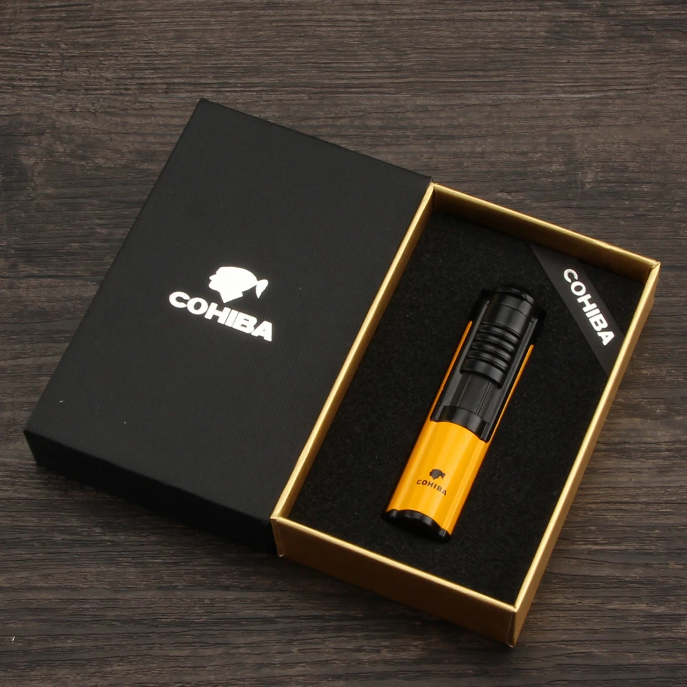 COHIBA карманные зажигалки Бутановая газовая зажигалка для Сигар Зажигалка металлическая мини ветрозащитная сигарета турбо Зажигалка курительная горелка W/Подарочная коробка