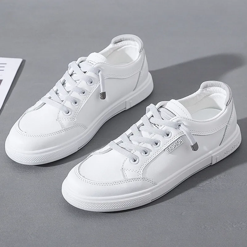 

Fashion New Lace-Up Non-Slip Vulcanize Shoes PU Leather Breathable Comfort Women Sport Shoes Sewing Round Head White Shoes