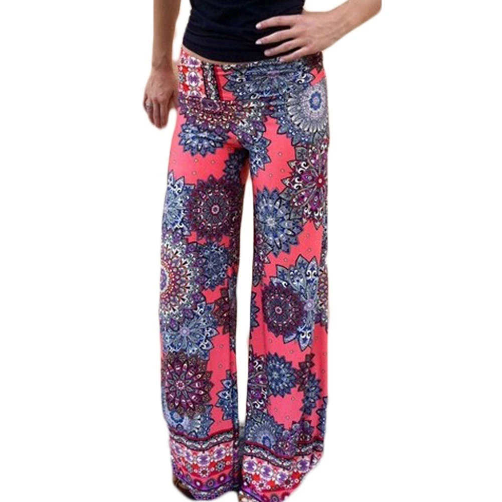 

Women's Summer Floral Pants Casual High Waist Flare Wide Leg Long Trousers Boho Slim Printed Elastic Waist Beach Trousers