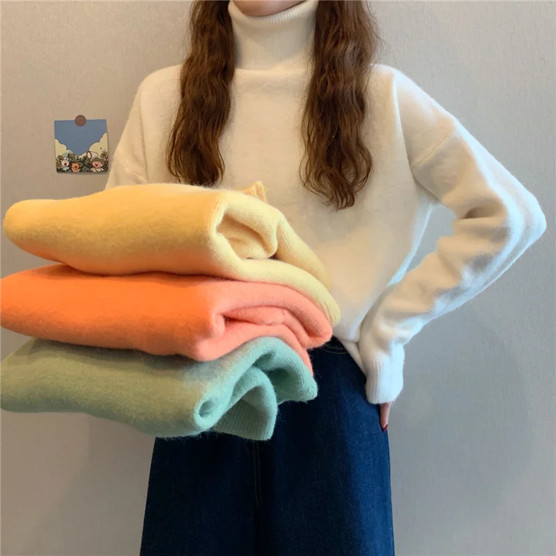 

Lucyever 2020 Winter Turtleneck Sweaters Women Korean Style All Match Loose Knitted Pullovers Woman Elegant Candy Color Tops