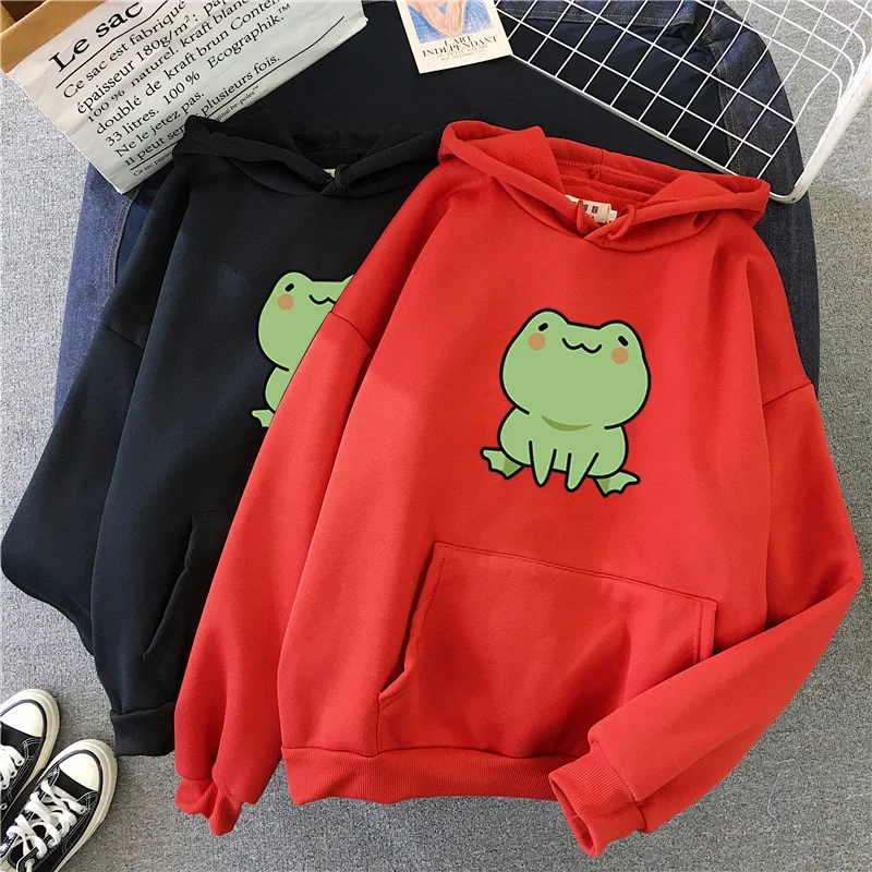 

Simple Little Frog Print Hoodies Sweatshirts Kawaii Girl Loose Casual Pullover 2021 Women Harajuku Cute Fleece Hooden Streetwear