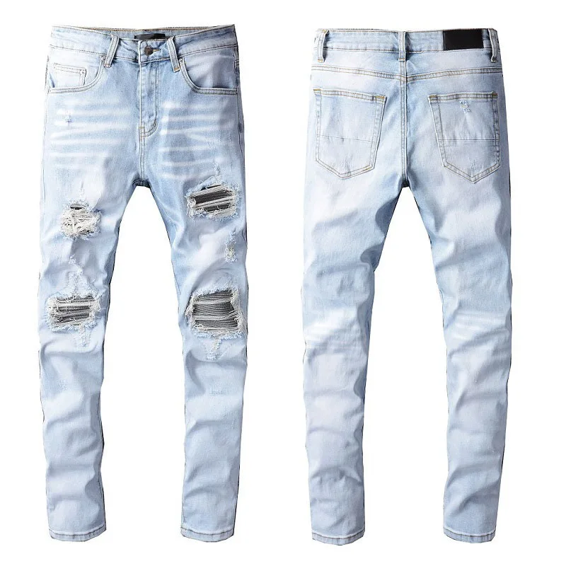 

New men's male High street style autumn new light color ripped patch jeans for men west coast stretch slim feet denim pants 699