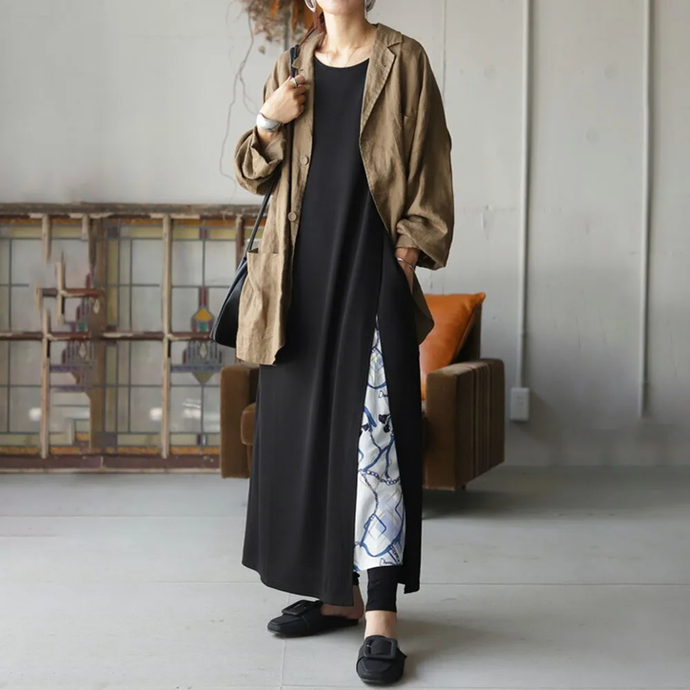 

Women Dress O Neck Female Side Slit Dress Patchwork Women Japan Style Dresses 2021 Women Patchwork Solid Color Dress