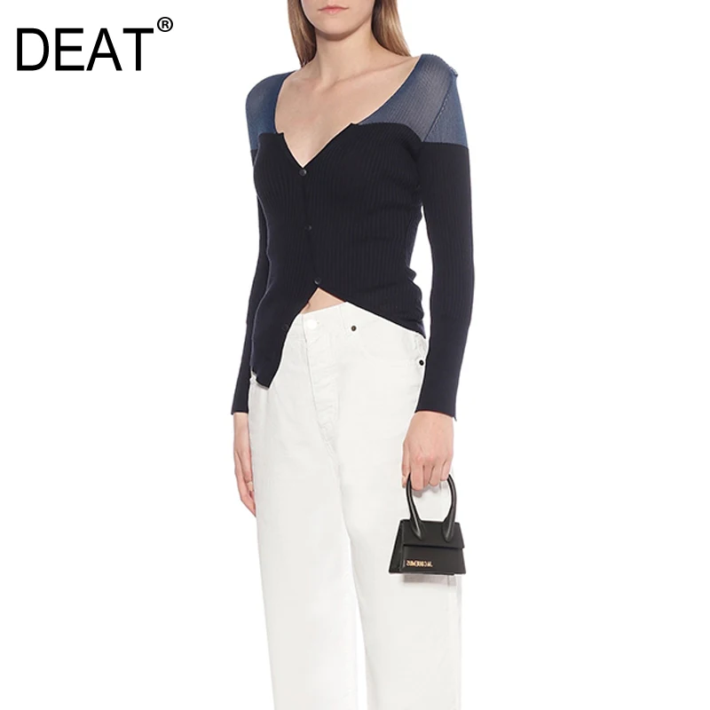 Женская однобортная футболка DEAT контрастных цветов с V образным вырезом и